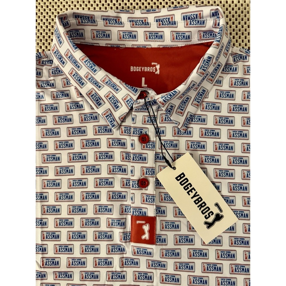 NEW Bogey Bros Golf Polo Shirt L Assman 4 Way Stretch SPF New York License NWT
